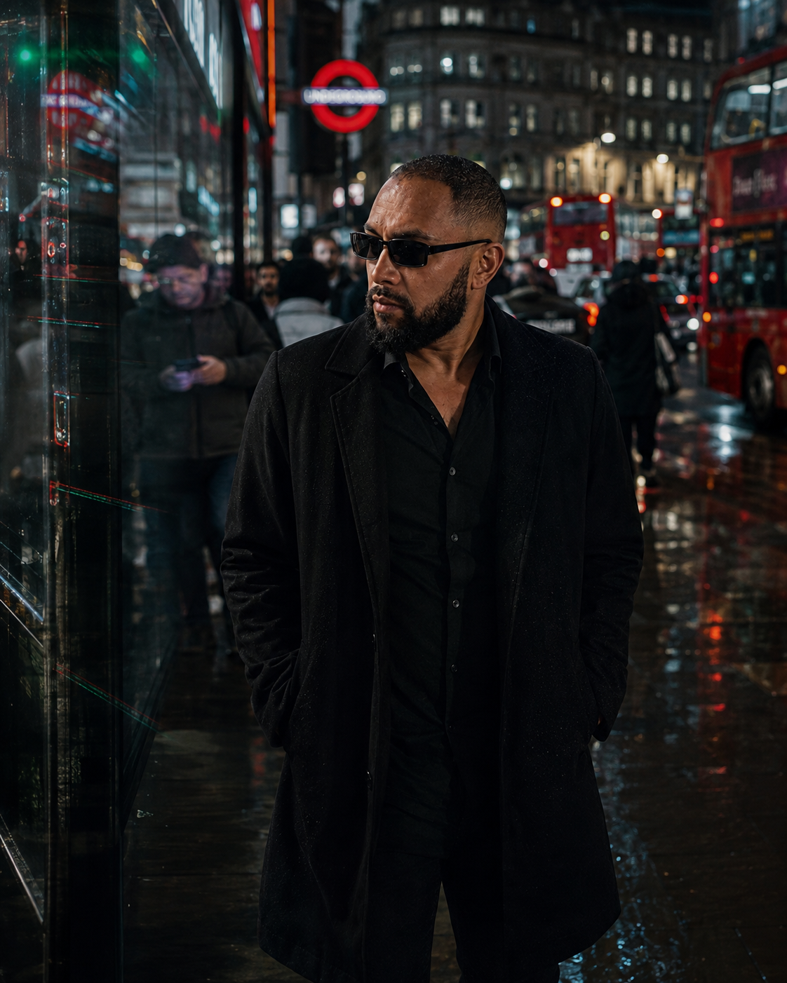 Tigz in a black overcoat on a wet London street at night, Underground sign and red buses behind him