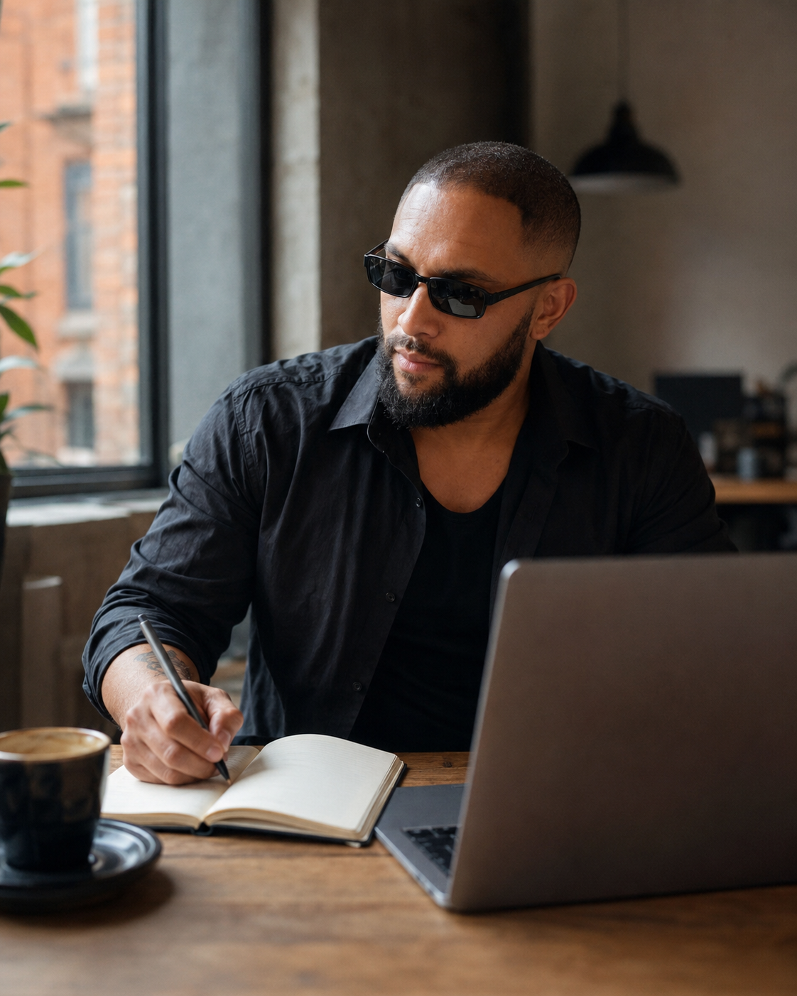 Tigz working at a laptop with an open notebook