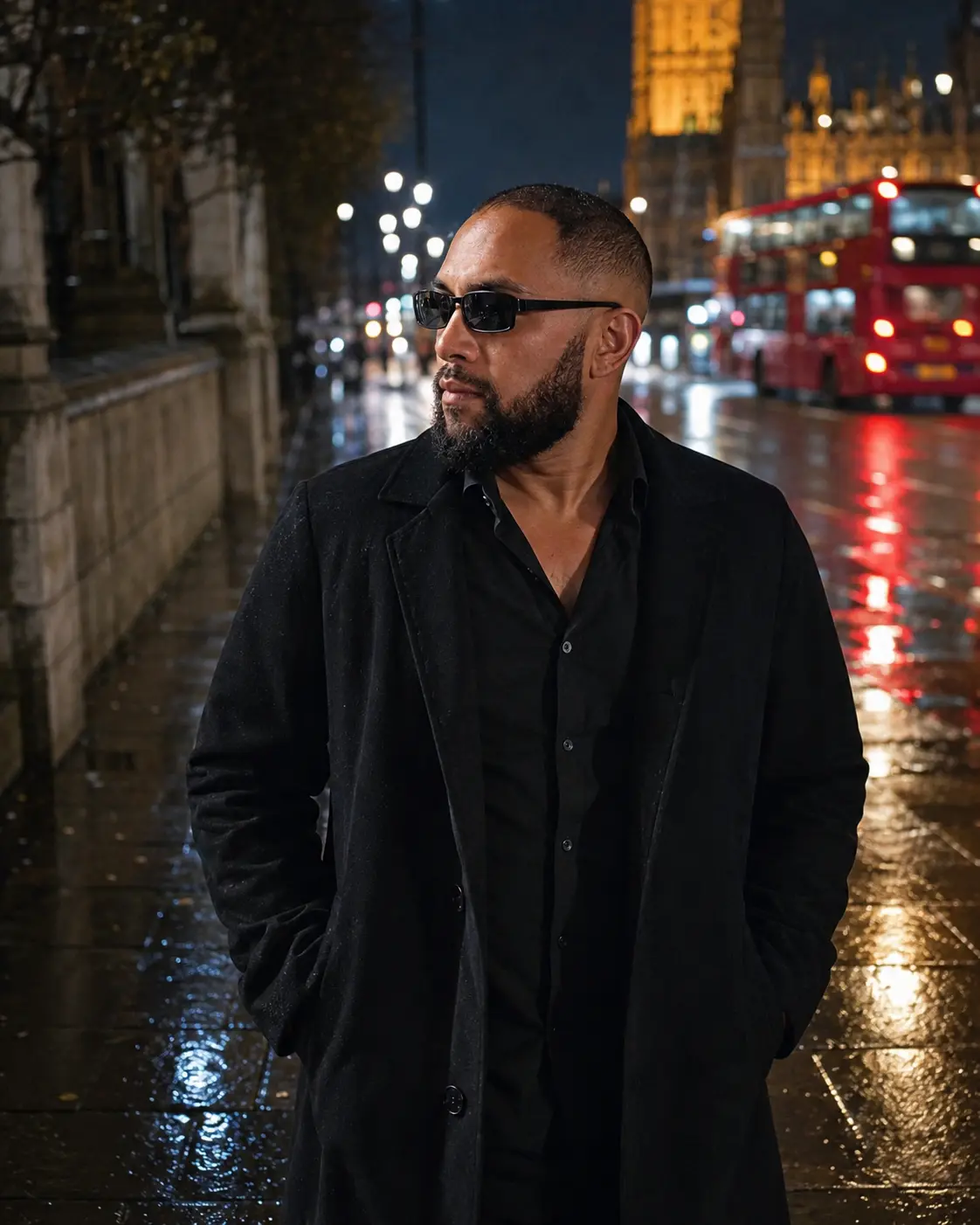 Tigz on a rain-slick Westminster street at night