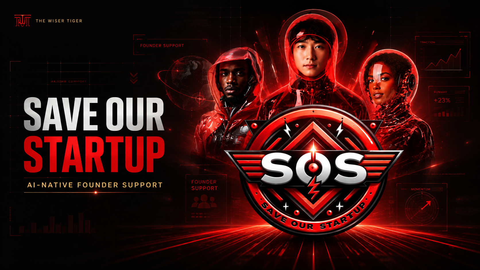 Save Our Startup key art — SOS emblem with founders and AI-native founder support panels