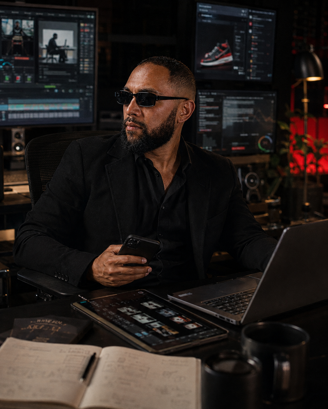 Tigz at a multi-screen editing and build desk holding a phone, timelines and dashboards behind him