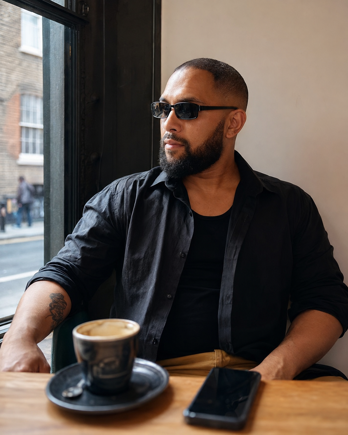 Tigz seated by a café window in London, morning coffee