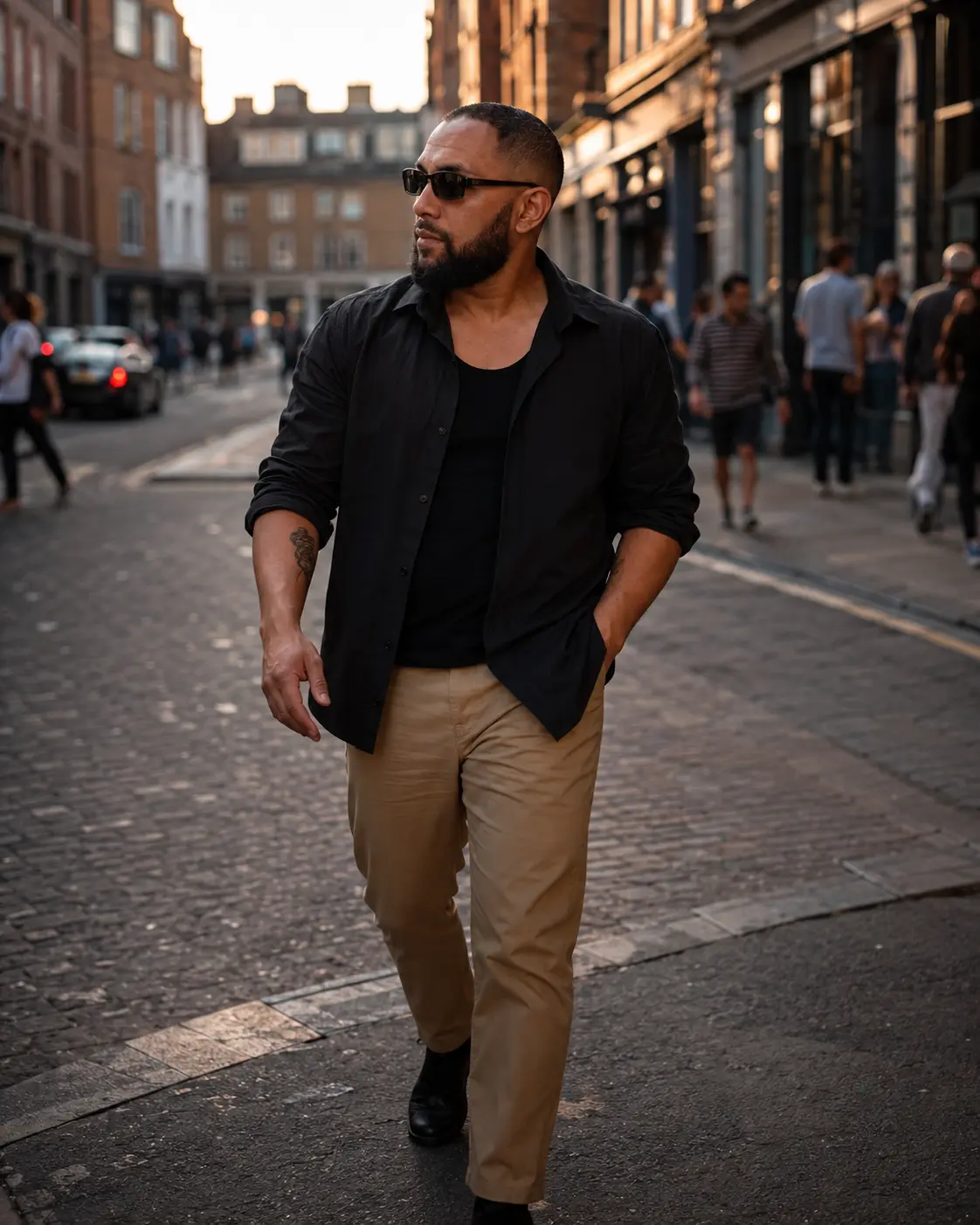 Tigz walking a cobbled London street at golden hour