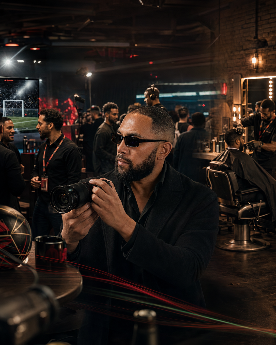 Tigz holding a cinema camera on a busy production set