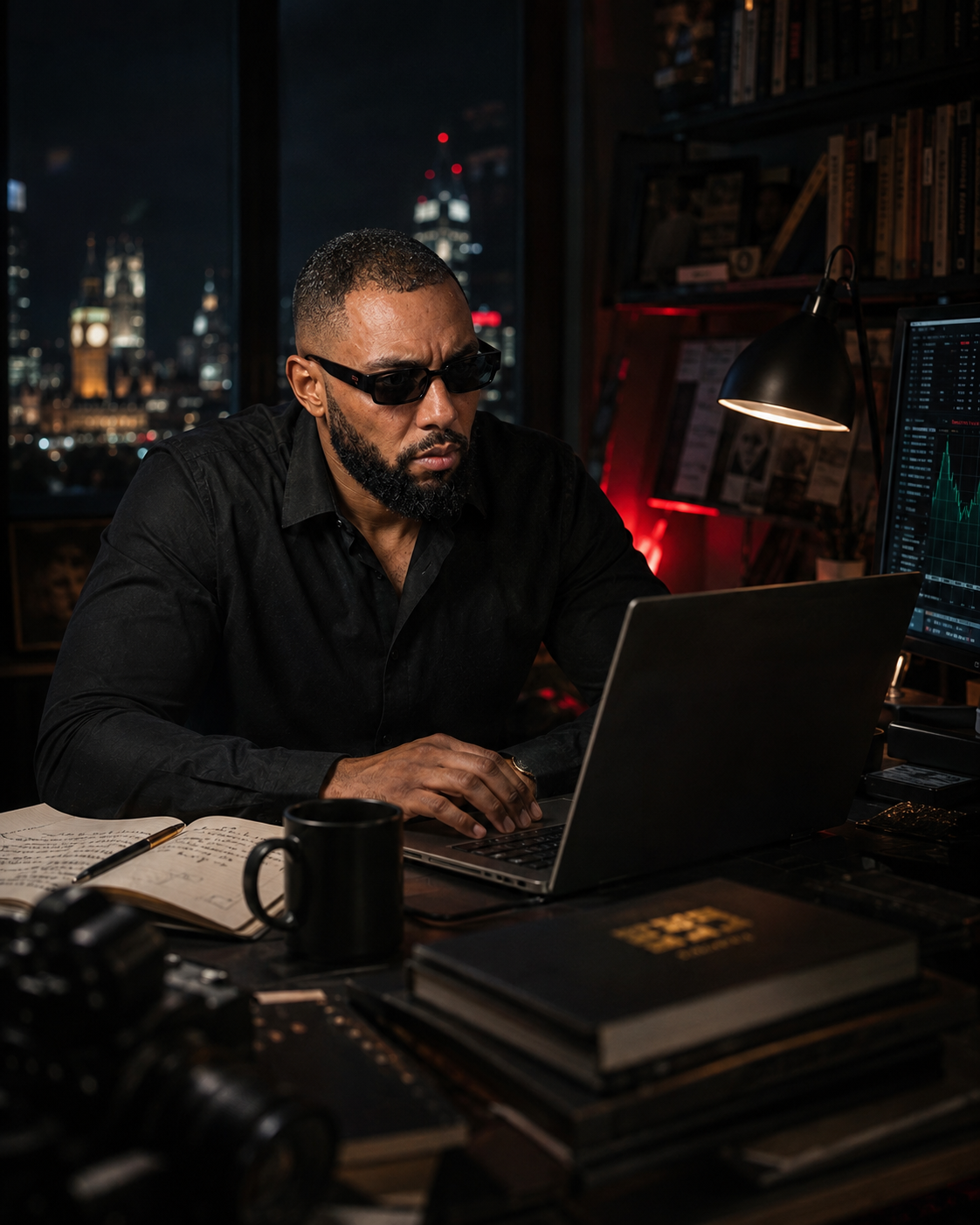 Tigz working at a laptop in a night-lit London studio with notebooks and market charts