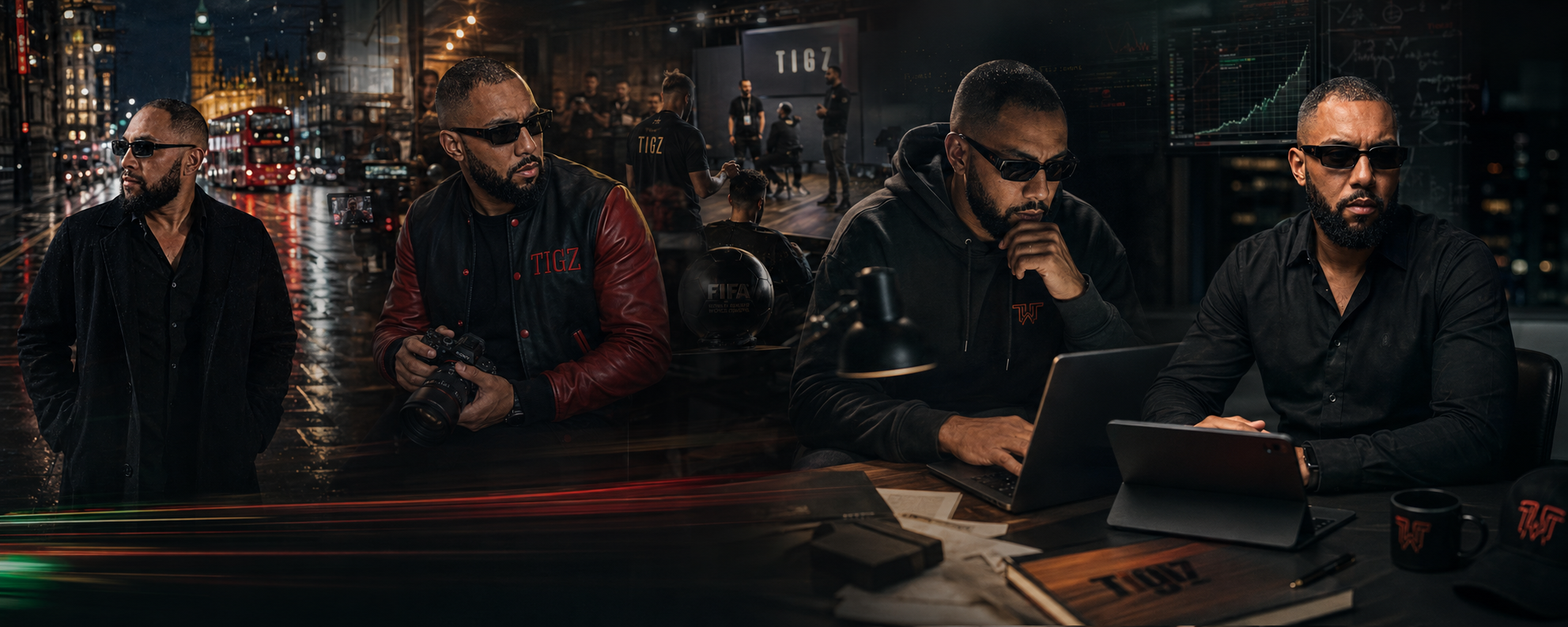 Composite portrait of Tigz across four eras — London street, camera on set, building at night, and an AI-native studio desk